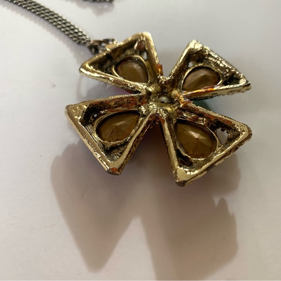 Vintage Rhinestone Maltese Cross colorful Necklace Gold tone - Picture 6 of 9